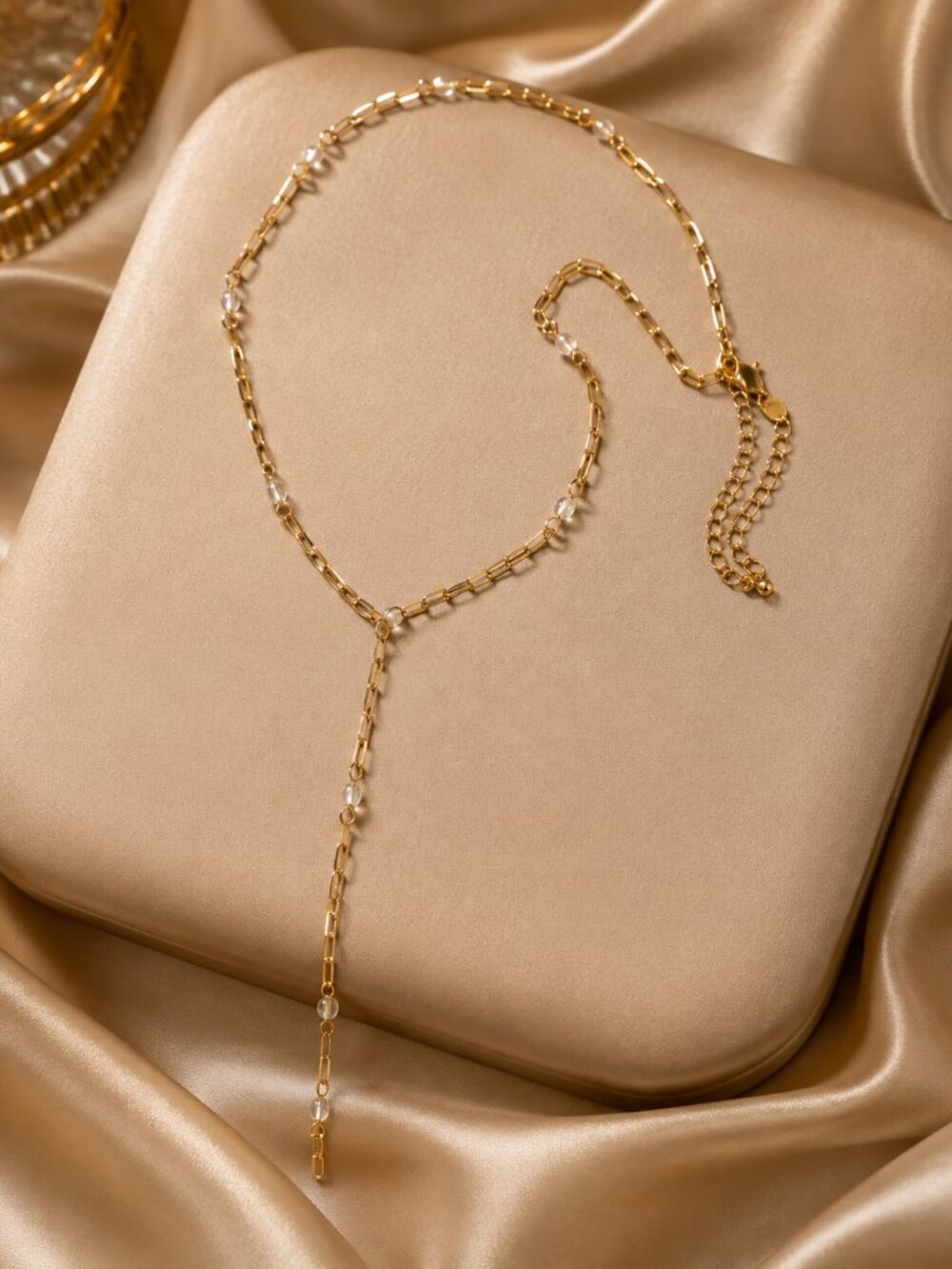 Gold Tone Y Lariat Necklace with Clear Bead Accents – Delicate Layering Jewelry